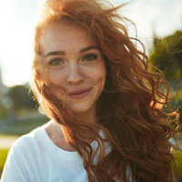 Portraits of a charming red-haired girl with a cute face. Girl posing for the camera in the city center. She has a wonderful mood and a lovely smile.